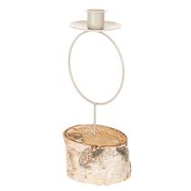 gjenstander Lysestake med bjørkefot og metallring, 20 cm