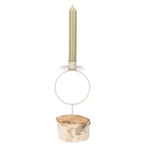 gjenstander Lysestake med bjørkefot og metallring, 20 cm