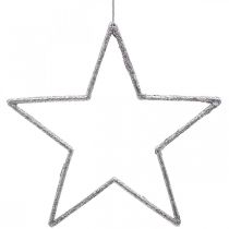 Julepynt stjerneheng sølv glitter 17,5cm 9stk