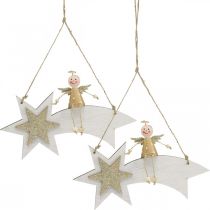 gjenstander Engel på stjerneskudd, juledekorasjon til å henge, adventshvit, gylden H13cm B21,5cm 2stk