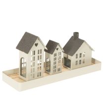 gjenstander Fyrhussett metall tre hus på brett 35 cm 1 sett