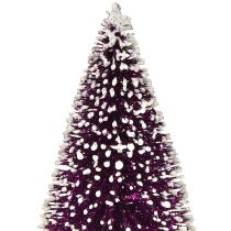 gjenstander Dekorativt juletre i lilla med snøtupp på en rustikk trebase 15 cm 3 stk.