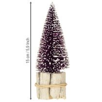 gjenstander Dekorativt juletre i lilla med snøtupp på en rustikk trebase 15 cm 3 stk.