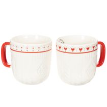 gjenstander Kaffekrus med rødt håndtak, strikket mønster og hjertedekorasjon, keramikk, 9 cm, 2 stk.