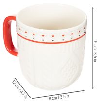gjenstander Kaffekrus med rødt håndtak, strikket mønster og hjertedekorasjon, keramikk, 9 cm, 2 stk.