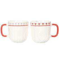 gjenstander Kaffekrus med rødt håndtak, strikket mønster og hjertedekorasjon, keramikk, 9 cm, 2 stk.