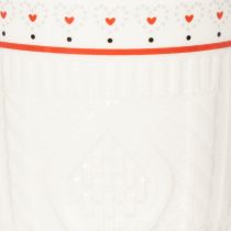 gjenstander Kaffekrus med rødt håndtak, strikket mønster og hjertedekorasjon, keramikk, 9 cm, 2 stk.