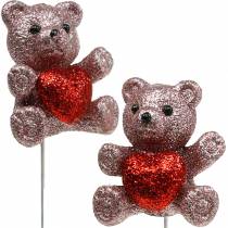 Dekorativ pluggbjørn med hjerte, Valentinsdag, blomsterplugg glitter 9stk