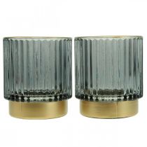 Lanterne glass ribbet telysholder gull/grå H8cm 2stk