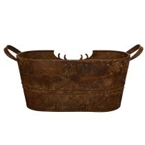 gjenstander Oval metallskål med håndtak, hjortemotiv, rustfinish, 36 cm
