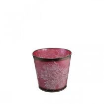 gjenstander Dekorativ potte for planting, tinnbøtte, metalldekor med bladmønster vinrød Ø14cm H12,5cm