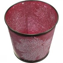 gjenstander Dekorativ potte for planting, tinnbøtte, metalldekor med bladmønster vinrød Ø14cm H12,5cm