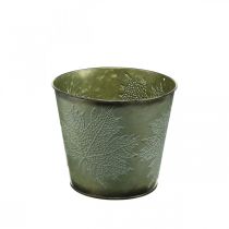 Dekorativ bøtte med bladdekorasjon, høstgryte, metallpynt grønn Ø17cm H14,5cm