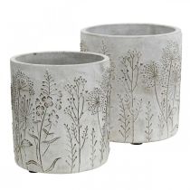 Vase betong hvit blomstervase med relieffblomster Ø12,5cm 2 stk