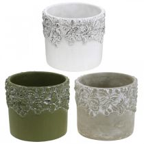 Keramikkkar, blomsterpotte med eikedekor, plantepotte grønn / hvit / grå Ø13cm H11,5cm sett med 3