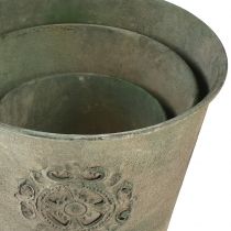 gjenstander Blomsterkrukke metallgrønn vintage Ø22cm–13,5cm sett med 3 stk