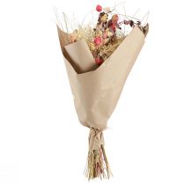 gjenstander Tørket blomsterbukett i bohemsk stil med jordbærtistel og kornblomst i bleket rød, naturtro 150 g