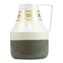 gjenstander Vintage metallvase med håndtak, dekorativ mugge, shabby chic, Ø17 cm H23 cm, krem/grå/gull