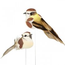 Vårpynt, fugler på ledning, kunstig fugl brun, hvit H3cm 12stk