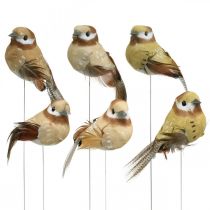 Fjær, fugl på wire, deco fugler naturfarger H7,5cm 12stk