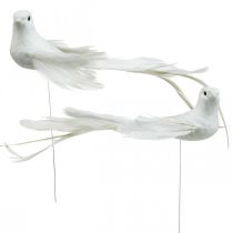 Hvite duer, bryllup, dekorative duer, fugler på wire H6cm 6stk
