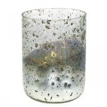 Stearinlysglass tofarget glassvaselykt klar, sølv H14cm Ø10cm