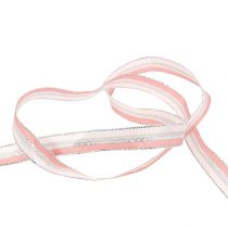 Julebånd med striper rosa, sølv 15mm 20m