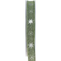Julebånd stjerner gavebånd grønt sølv 15mm 20m