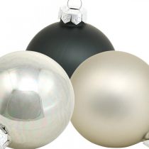Julekuler, juletrevedheng, trepynt svart / sølv / perlemor H6,5cm Ø6cm ekte glass 24stk.