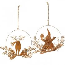 gjenstander Dekorring til jul, reinsdyr i ringen, julenisse med gave, metalldekor patina Ø18cm sett med 2 stk.