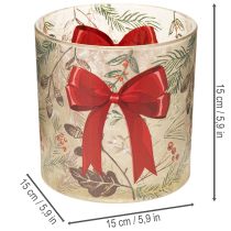 gjenstander Glasslyktholder med rødt bånd og vintergrener, 15 cm