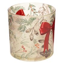 gjenstander Glasslyktholder med rødt bånd og vintergrener, 15 cm