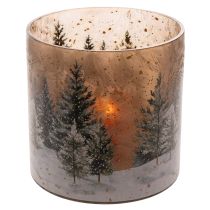 gjenstander Telysholder i glass med vinterskog i snø, juledekorasjon, 20 cm