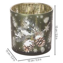 gjenstander Telysholder i glass med kongler og snøflak, 15 cm