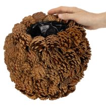 gjenstander Dekorativ blomsterkasse med kongler, naturlig utseende, 27 cm. Rund konglepotte, naturbrun, laget av kongler, 27 cm x 22 cm.