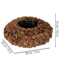 gjenstander Rund konglepotte som blomsterkasse, 38 cm; rund konglepotte, naturbrun, laget av kongler, 38 cm x 14 cm