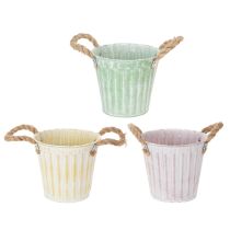 gjenstander Dekorativ potte, metallbøtte for planting, blomsterkasse med håndtak, rosa/grønn/gul shabby chic Ø15cm H13cm 3-delers sett