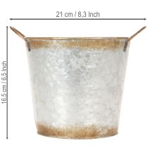 gjenstander Dekorativ potte med håndtak, plantebøtte, metallbeholder, sølv, forvitret stål, Ø17 cm H16,5 cm