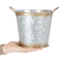 gjenstander Dekorativ potte med håndtak, plantebøtte, metallbeholder, sølv, forvitret stål, Ø17 cm H16,5 cm
