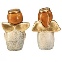 gjenstander Sjarmerende engleduo laget av keramikk i kremhvit med gullaksenter - 8,6 cm - Himmelske dekorative figurer - 2 stk.