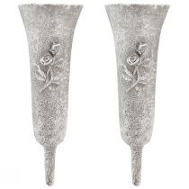 gjenstander Grå gravvase med rosemotiv, 26 cm høy, 2 stk.