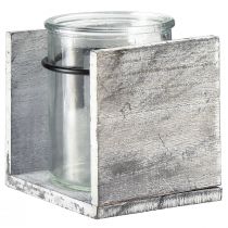 gjenstander Telysholder i glass i rustikk treramme – grå og hvit, 10x9x10cm – Sjarmerende borddekorasjon