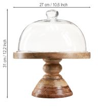 gjenstander Treplate med glasskuppel, dekorativ glassklokke, Ø27 cm H31 cm