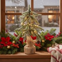 gjenstander Kunstig plante med snø, LED-juletre i jutepose, batteridrevet, for innendørs bruk, 50 cm