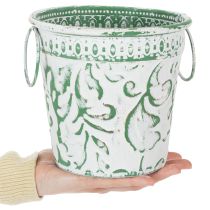 gjenstander Metallpotter med håndtak, blomsterkasser med preging, hvit, grønn, shabby chic, H20,5/18,5/16 cm, Ø25,5/20,5/15,5 cm, sett med 3