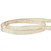 gjenstander Organza bånd beige med hvite stjerner Julebånd 6mm 20m