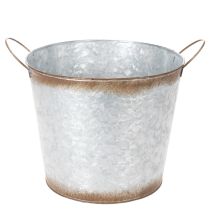 gjenstander Blomsterpotte med håndtak, dekorativ skål med rustfinish, sølvfarget metallbeholder Ø26 cm H25,5 cm