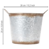 gjenstander Blomsterpotte med håndtak, dekorativ skål med rustfinish, sølvfarget metallbeholder Ø26 cm H25,5 cm