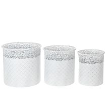 gjenstander Blomsterpotte med blondemønster, metallbeholder, dekorativ bøtte, hvit, sølv, shabby chic, H28/25,5/23,5 cm, Ø29,5/25,5/20 cm, sett med 3