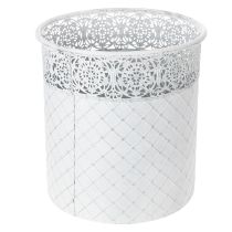 gjenstander Blomsterpotte med blondemønster, metallbeholder, dekorativ bøtte, hvit, sølv, shabby chic, H28/25,5/23,5 cm, Ø29,5/25,5/20 cm, sett med 3